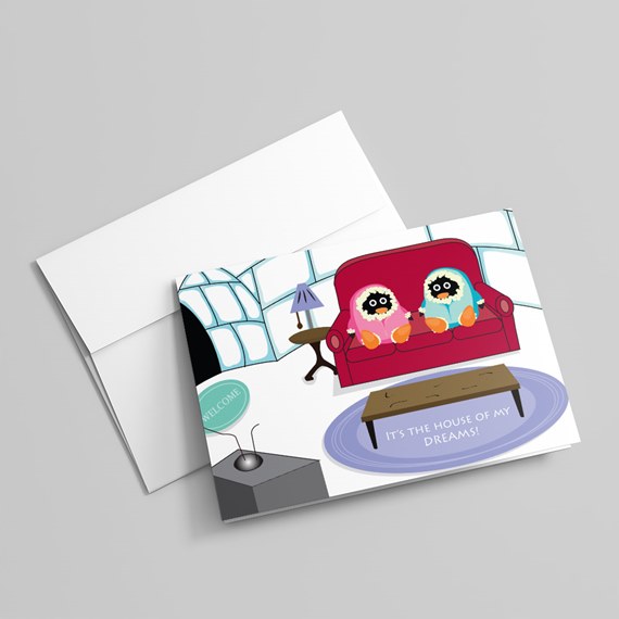 cartoon sheep on couch, cozy living room, welcome sign