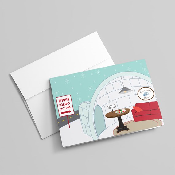 illustration of igloo interior with couch and table, customizable text area