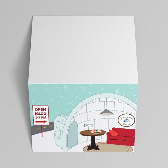 illustration of an igloo interior with a couch and table, photo placeholder