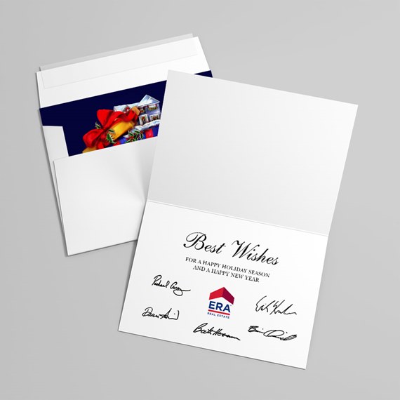Open 'Best Wishes' folded greeting card with printed signatures and corporate logo, shown with envelope and navy holiday liner with red bow