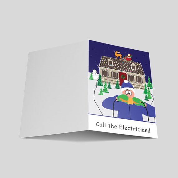 cartoon house with lights, snowman, character holding wires, text area