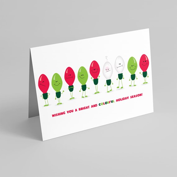 colorful holiday greeting card with light bulb characters
