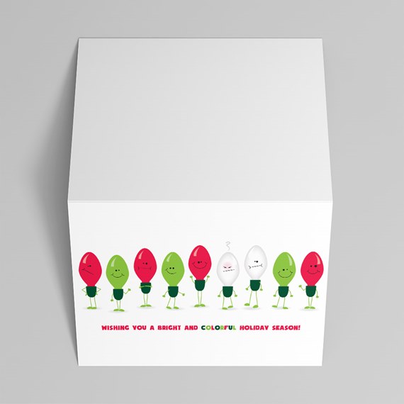 colorful holiday card design with cartoon light bulbs and text