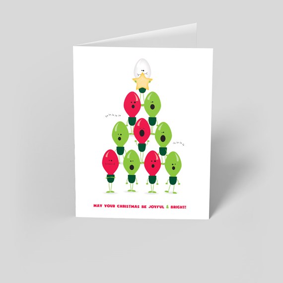 Christmas card with light bulb tree illustration and text