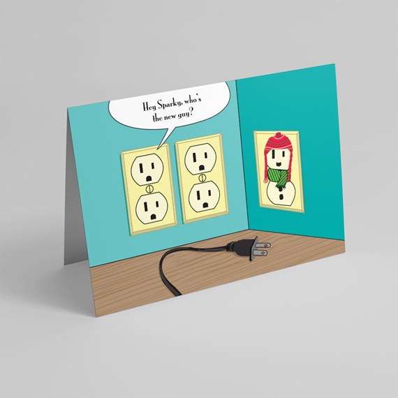 card with electrical outlets and snowman illustration