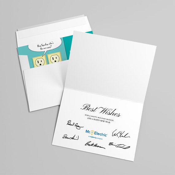 greeting card with cartoon outlets and holiday text