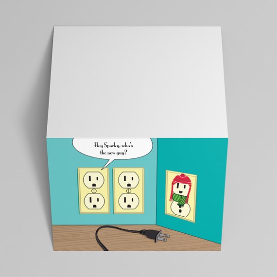 illustration of electrical outlets with funny character and speech bubble