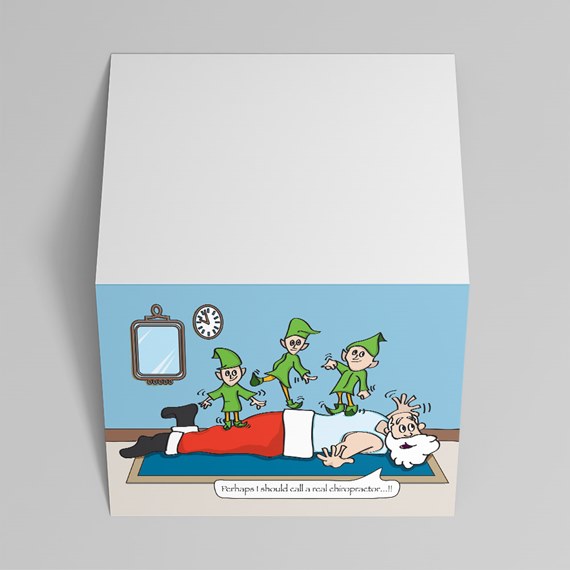 Christmas greeting card with cartoon Santa lying on floor and elves standing on his back
