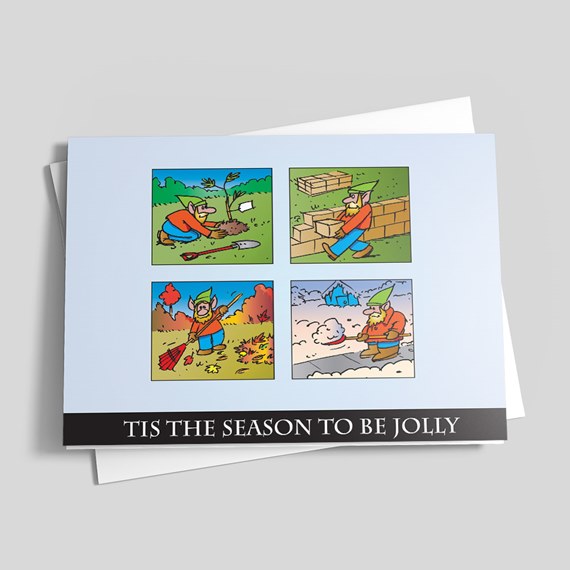 Folded greeting card with four-panel gnome cartoons for different seasons and text 'TIS THE SEASON TO BE JOLLY' on a black footer