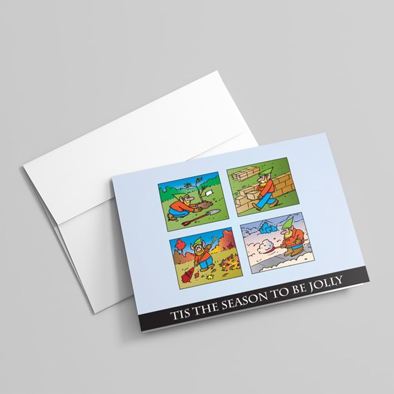 Light-blue holiday greeting card with four comic panels showing an elf gardening, building, raking leaves and shoveling snow, on a white envelope with a dark text band at the bottom.