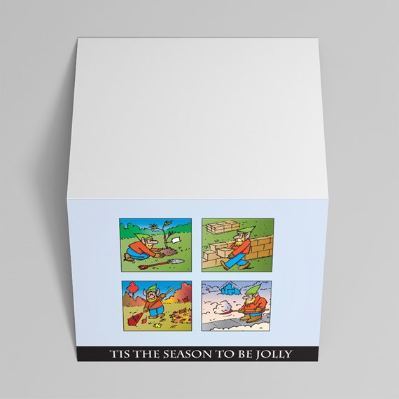 square note cube with four-panel gnome cartoons and 'Tis the season to be jolly' text
