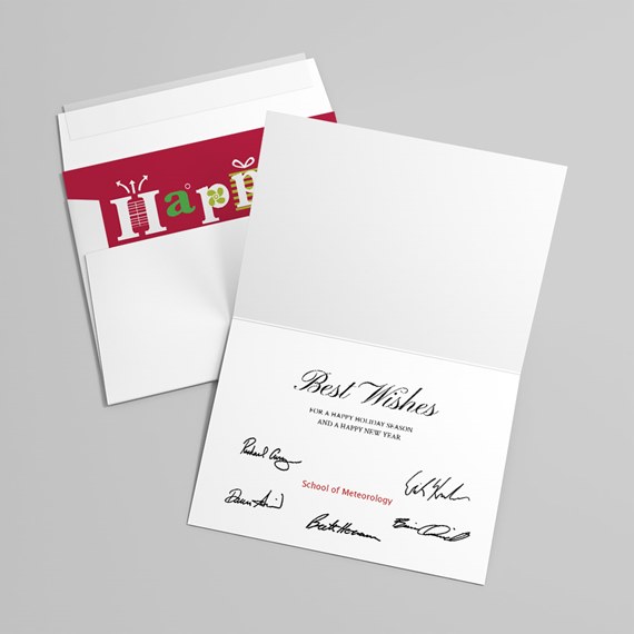 greeting card with colorful 'Happy' text and printed message