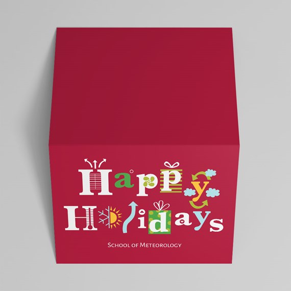 holiday card with colorful text and decorations