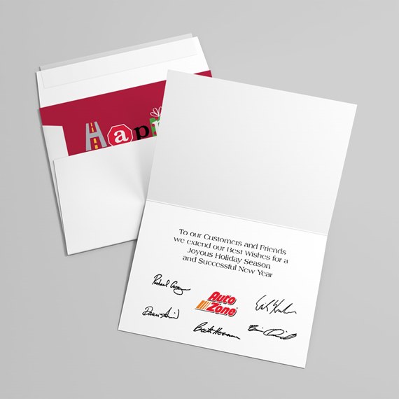 greeting card with colorful text and printed message