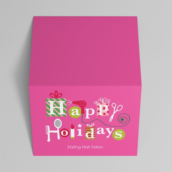 bright pink holiday gift box with 'Happy Holidays' text and salon icons