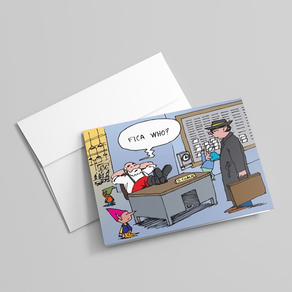 Greeting card with cartoon of a bearded man in a red suit reclining behind an office desk while a businessman and two elves stand nearby.