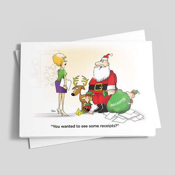 cartoon with Santa, reindeer, elves, and woman discussing receipts