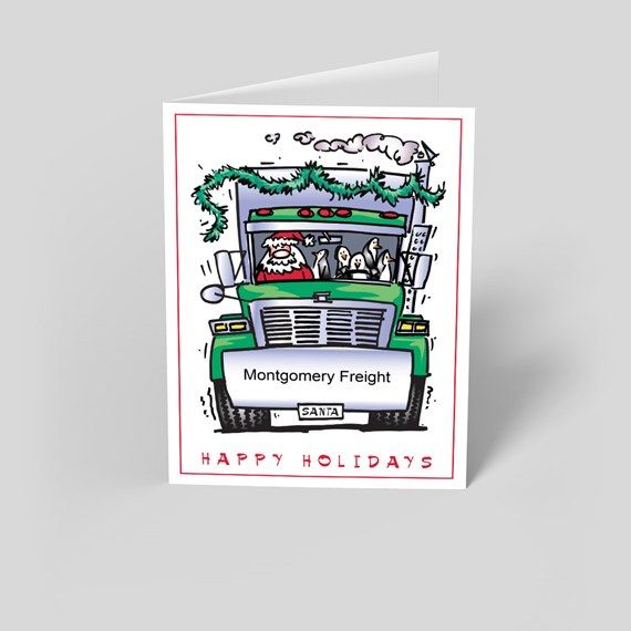 Folded holiday card with cartoon green semi truck, Santa and penguins, garland and 