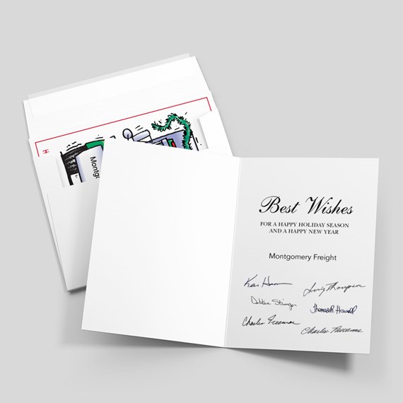 Opened white holiday greeting card with 