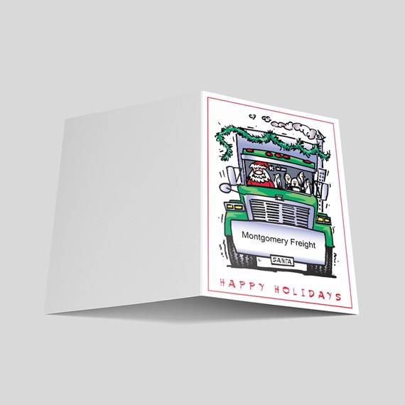 Folded holiday card showing Santa driving a green semi-truck illustration with garland and 