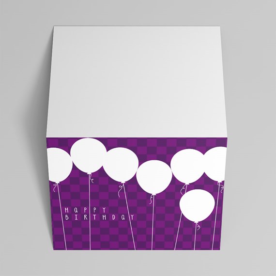 birthday card design with white balloons and purple checkered background
