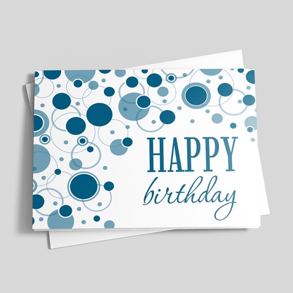 birthday card with blue circles and swirls, photo placeholder
