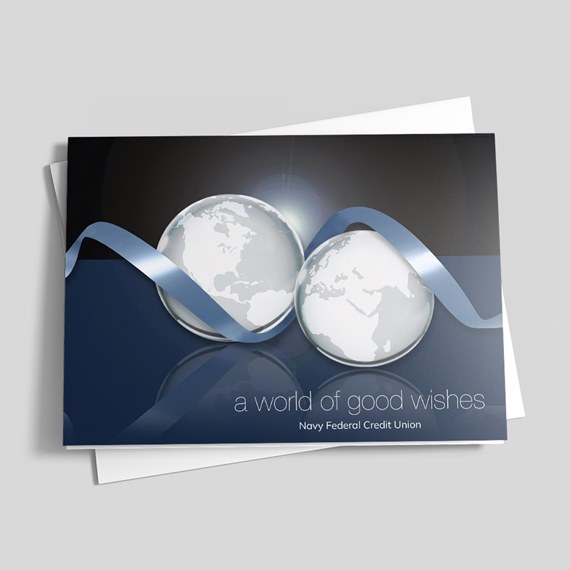 greeting card with globe illustrations and blue ribbon, text area