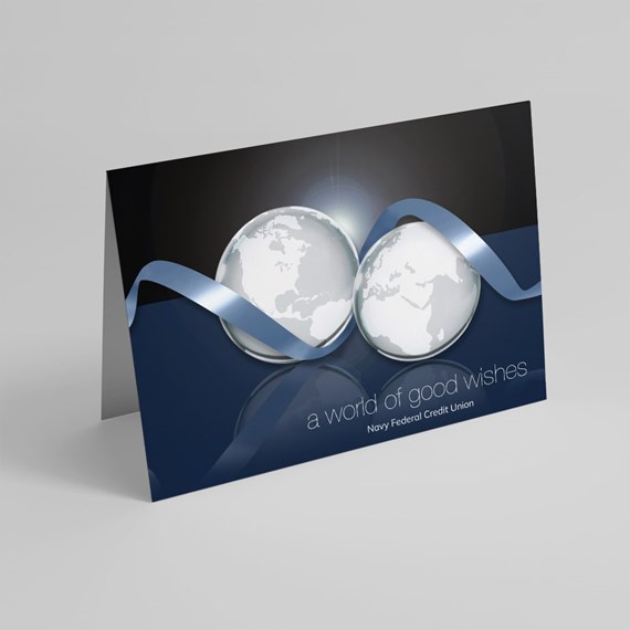 greeting card with globe illustrations and blue ribbon