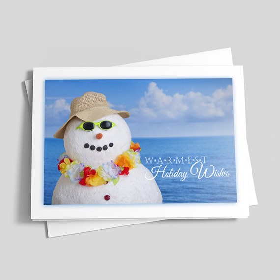 snowman with hat and sunglasses, floral lei, ocean background, holiday card