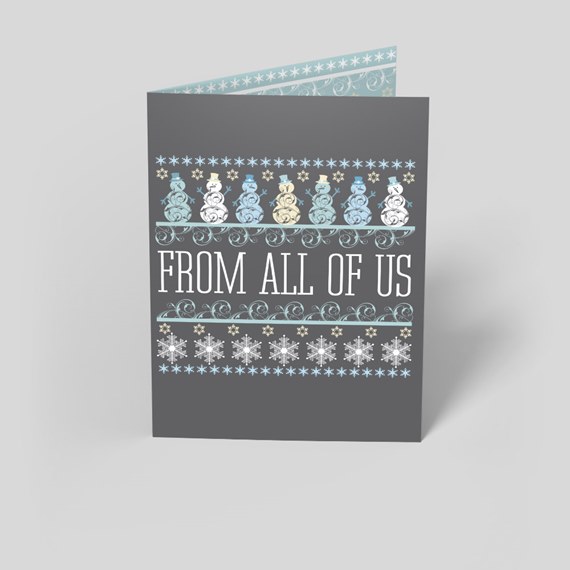 greeting card with snowmen and snowflakes