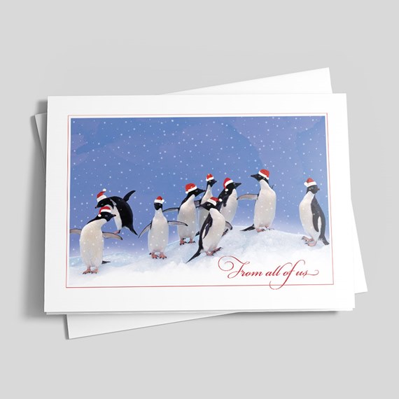 penguins in hats on snow with text placeholder