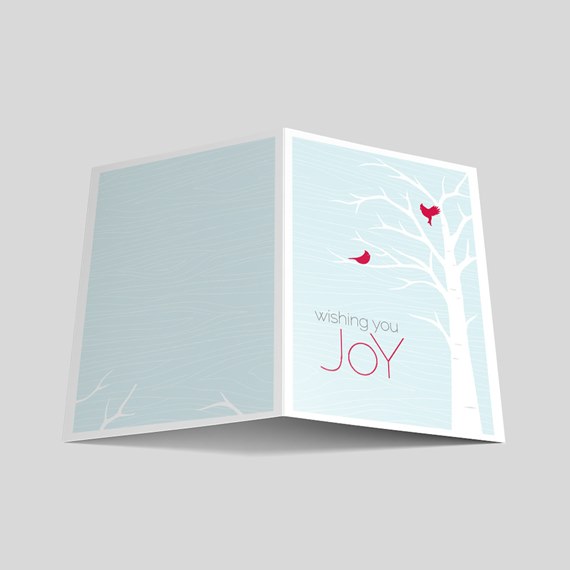 greeting card with tree branches and red birds, customizable text area