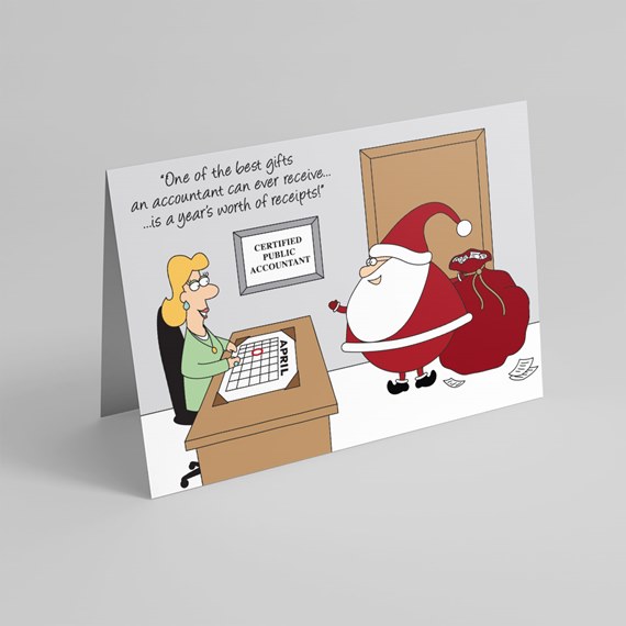 cartoon accountant and Santa with calendar and sign