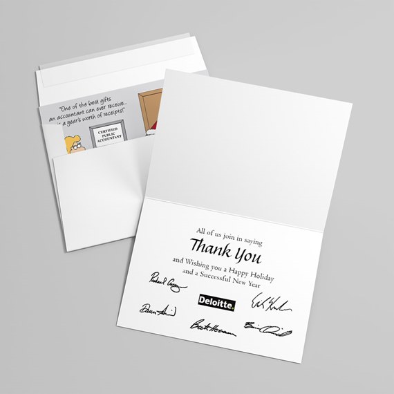 greeting card with cartoon illustration and thank you message