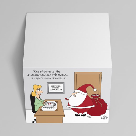 cartoon accountant and Santa design with text