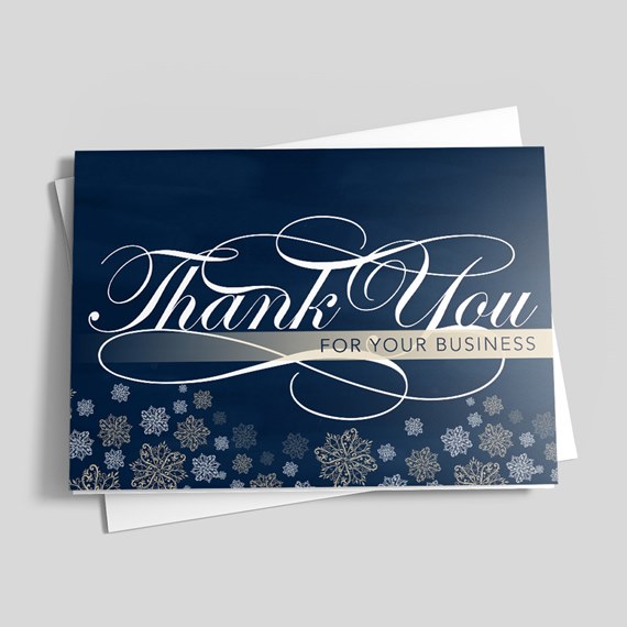 navy blue thank you card with snowflakes and customizable text area