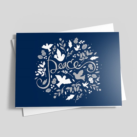 navy card with silver peace design and doves
