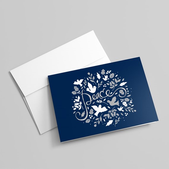 Navy card with silver dove and floral design, text placeholder