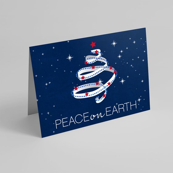 holiday card with peace on earth text and decorative tree design