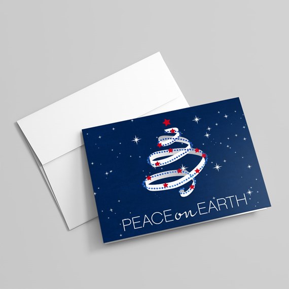 Navy card with Christmas tree design and text 'PEACE on EARTH'