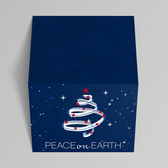 blue gift box with spiral tree design and text