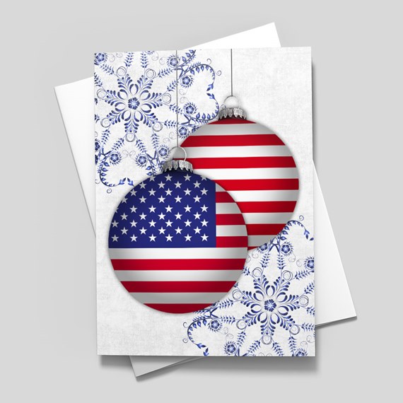 two ornaments with american flag design on white background