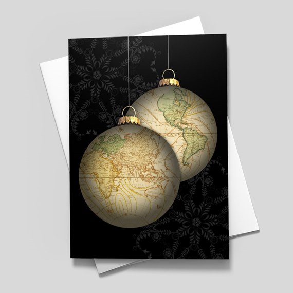 globe ornaments on black background with floral pattern