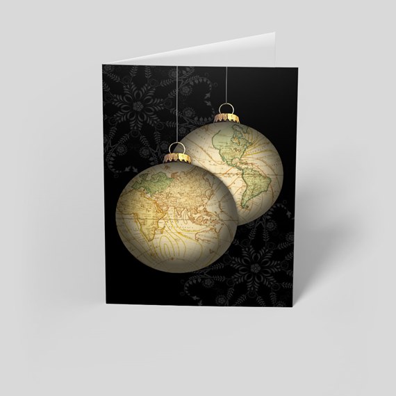 greeting card with globe ornaments