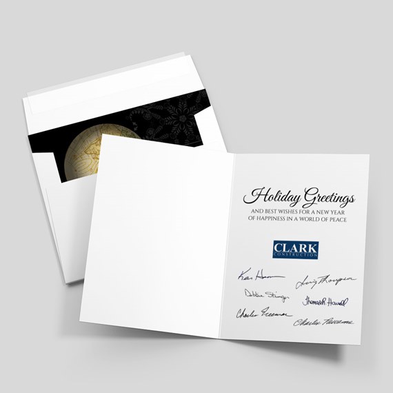 folded card with holiday greetings and logo placeholder