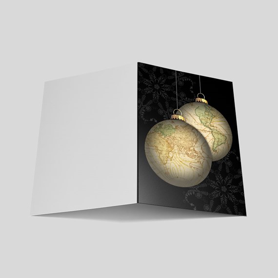 greeting card with globe ornaments photo area