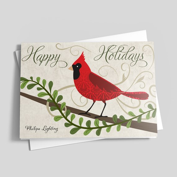 holiday card with cardinal and greenery