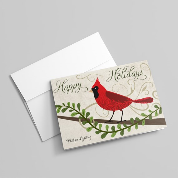 holiday card with red cardinal and decorative text