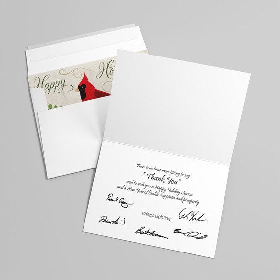 greeting card with cardinal design and thank you message