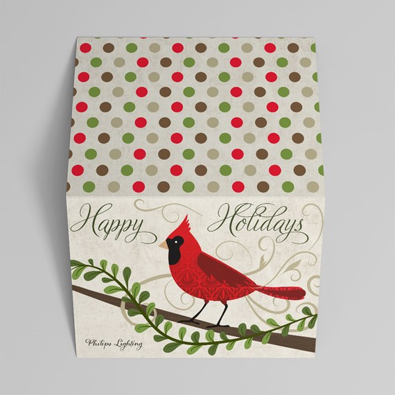 card design with cardinal and polka dots, photo placeholder